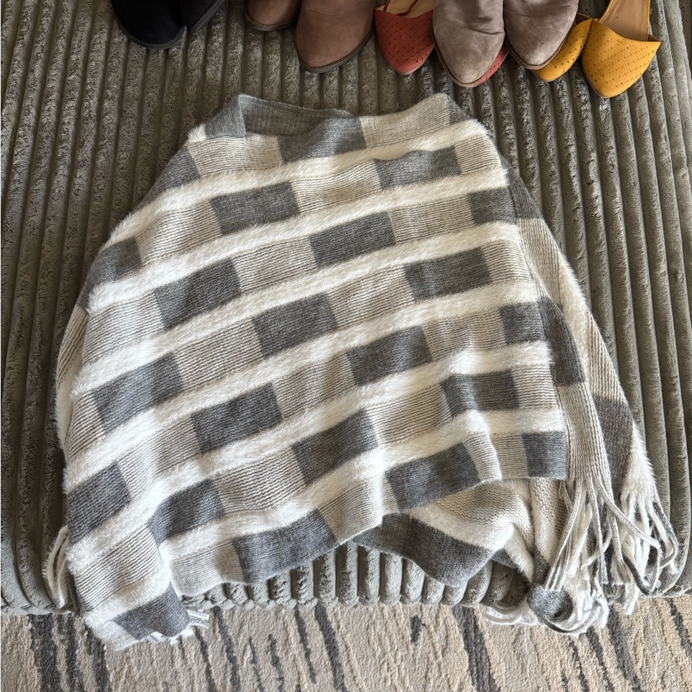 Striped Gray and Cream Knit shawl/poncho with Fringe